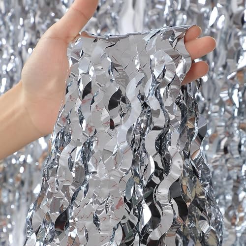 3 Pack Wave Silver Tinsel Curtain - 3.3x6.6 Feet Foil Streamers Birthday Party Decorations Wedding Background Decor Photo Booth Props by CYLMFC