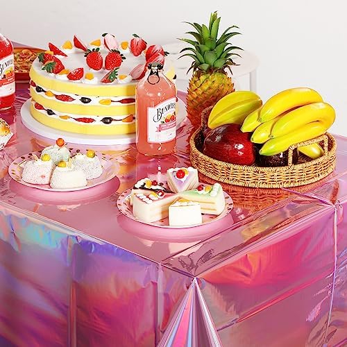 1 Pack Iridescent Pink Plastic Tablecloths, FunnyPars Shiny Disposable Laser Rectangle Table Covers, Holographic Foil Tablecloth Iridescent Party Decorations for Kpop Birthday Wedding Xmas, 54x108Inch - Image 5
