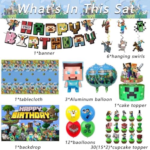 For Pixel Party Supplies, 55 PCS Birthday Decorations Set Include Banner, Balloons,, Hanging Swirls, Cake Cupcake Toppers, Tablecloth for Boys Girls Pixel Theme Party - Image 2