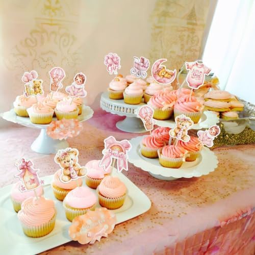 Gyufise 40Pcs Baby Boy Cupcake Toppers Baby Shower Decorations for Boys Balloon Star Moon Bear It's a Girl Cupcake Picks for Baby Shower Kids Girls Birthday Party Supplies Deep Pink - Image 4