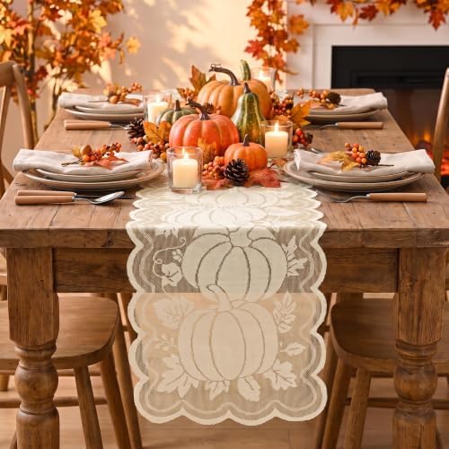 Artoid Mode Beige Lace Jacquard Pumpkin Leaf Fall Table Runner 13x72 Inch - Image 2