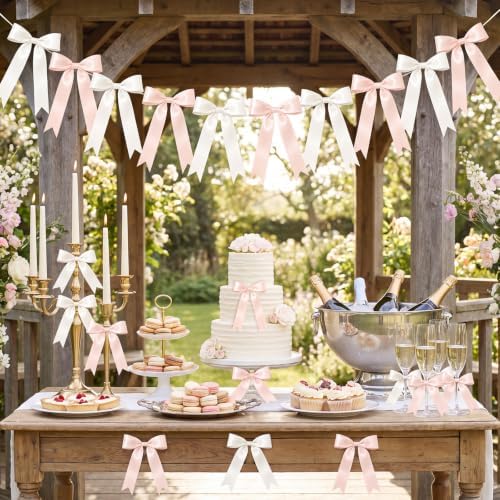 NatNarr 2 Pcs White and Pink Bow Garland, Pre-Strung Bow Garland - Image 3