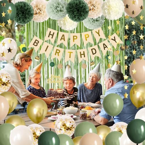 Sage Green Birthday Decorations Olive Green Happy Birthday Party Decorations Nude Retro Gold Balloon Banner Paper Pom Poms Greenery Neutral Rustic Décor Supplies Baby Girls Women - Image 5