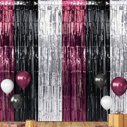 6 Pack 3.3Ft x 6.6Ft Graduation Foil Fringe Curtain Backdrop Decorations, Maroon Black Silver Metallic Tinsel Foil Streamers Curtain Photo Booth Background for Graduation Prom Wedding Birthday Party by Zachely