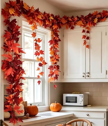 DearHouse 2 Pack Fall Garland Maple Leaf, 5.9Ft/Piece Hanging Vine Garland Artificial Autumn Foliage Garland Thanksgiving Decor for Home Wedding Fireplace Party Christmas (Dark Red) - Image 2