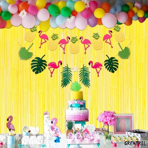 Yellow Streamers Party Backdrop - GREATRIL Foil Fringe for Pineapple/Lemon/Truck/Race Birthdays Party Decoration - 3.2ft X 8.2ft - 2 Packs - Image 3