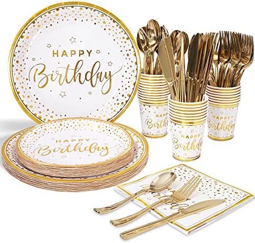 175PCS Happy Birthday Plates and Napkins Party Supplies, Gold Dot Paper Plates and Napkins with Gold Plastic Forks Knives Spoons Serve 25 Guests for Birthday Party Decorations by Tyzarglef
