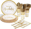 175PCS Happy Birthday Plates and Napkins Party Supplies, Gold Dot Paper Plates and Napkins with Gold Plastic Forks Knives Spoons Serve 25 Guests for Birthday Party Decorations by Tyzarglef