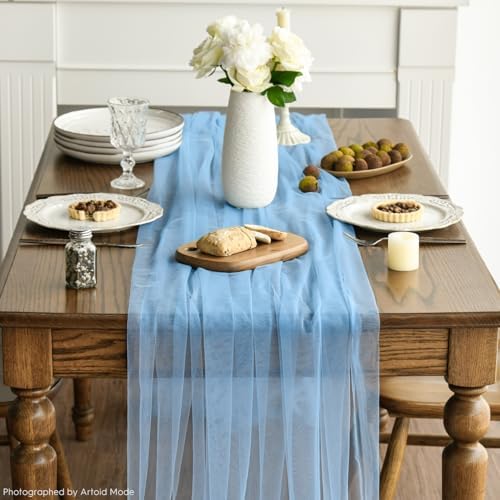 Artoid Mode 3PCS Dusty Blue Gauze Table Runner 120 Inch 10FT, Seasonal Sheer Kitchen Dining Holiday Wedding Birthday Baby Shower Table Decor for Home Party - Image 3