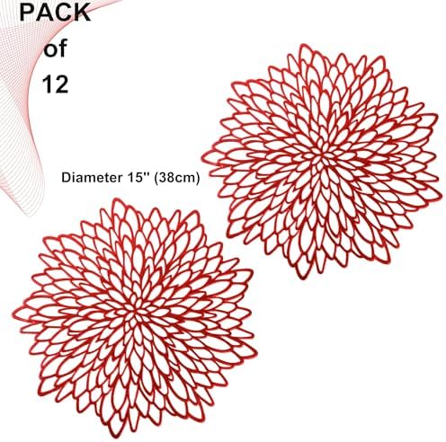 Snowkingdom 12 Pack Red Placemats Metallic Shiny Pressed Vinyl Dining Mats Round Leaf Floral Table Decoration for Halloween Mother's Day Christmas Valentine's Day Weddings Holiday Celebrations - Image 2