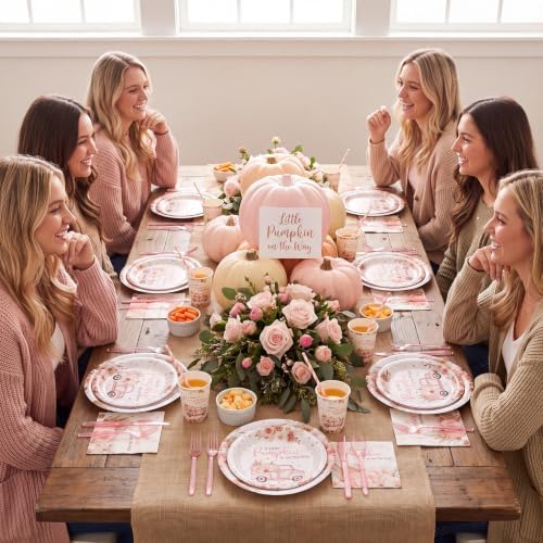 450 Pcs Little Pumpkin Baby Shower Tableware Set, Serve 50, Rose Pink - Image 4