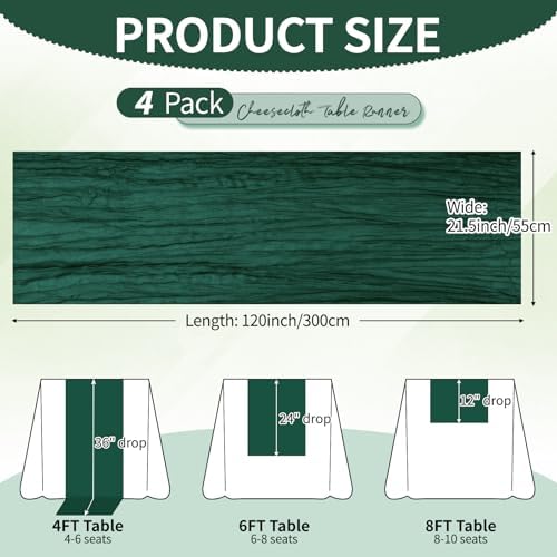 4 Pack Pack Dark Green Cheesecloth Table Runner 10Ft, Christmas Table Runner 21.5 X 120 inch, Semi Sheer Cheese Cloth Fabric Boho Table Runner Bulk for Christmas Decorations,Bridal Shower,Wedding - Image 2