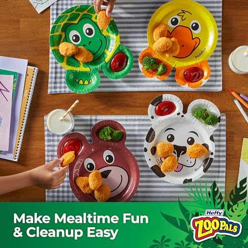 Hefty Zoo Pals Party Edition Paper Plates for Kids, Assorted Animal Designs, 7.75 Inches with Two Dipping Compartments, Multi-Color, 20 Count (Pack of 2) - Image 6