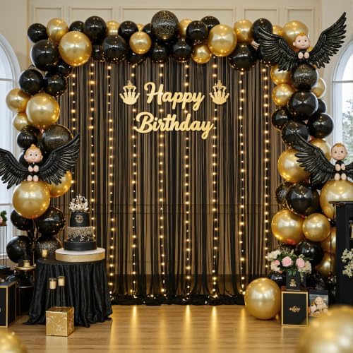 10ft x 10ft Black Tulle Photo Backdrop Curtain with Lights String for Parties Sheer Black Curtain Backdrop for Birthday Party Baby Shower Wedding Photo Booth Photography Background Decorations - Image 3