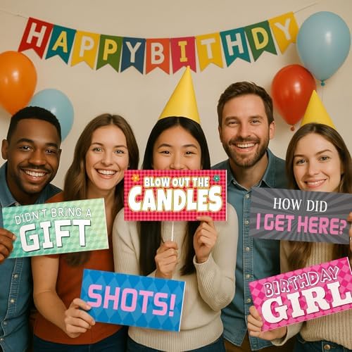 Beeveer 24 Designs Birthday Photo Booth Props Double Sided PVC Selfie Signs - Image 4