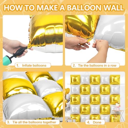 NISOCY 25PCS Gold and White Square Foil Balloons Wall Backdrop - Image 4