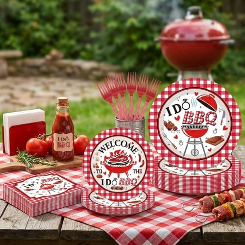 96 Pcs I Do BBQ Party Decorations - BBQ Bachelorette Party Decorations with Red Gingham Plates Napkins Forks, Summer Wedding Engagement Bridal Shower Tableware Set, Serving 24 - Image 5