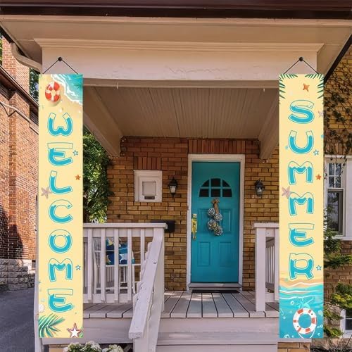BlissYard 2pcs Welcome Summer Door Banner Beach Themed Decorations Sea Star Hanging Porch Banner Summer Decor for Outside Hawaii Tropical Party Seasonal Outdoor Indoor Holiday Supplies - Image 4
