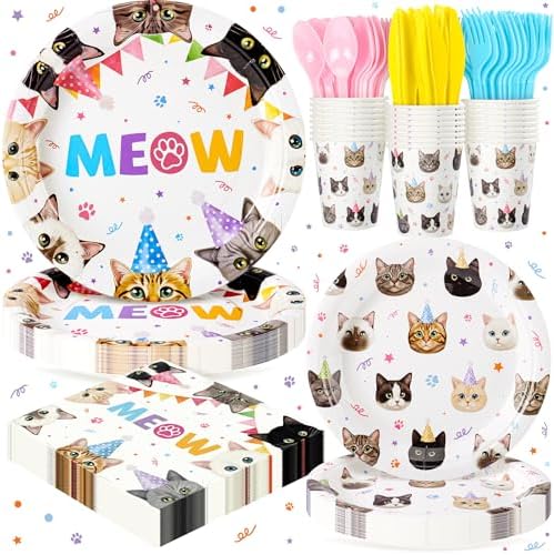 Cats Birthday Party Plates Set,168PCS Cat Birthday Tableware Party Supplies by FightingtoAchieve