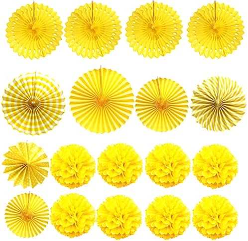 ZERODECO Party Decoration, 21 Pcs Yellow Hanging Paper Fans Pom Poms Flowers, Garlands String Polka Dot and Triangle Bunting Flags for Minnie Mouse Birthday Parties Baby Showers Wedding - Image 6
