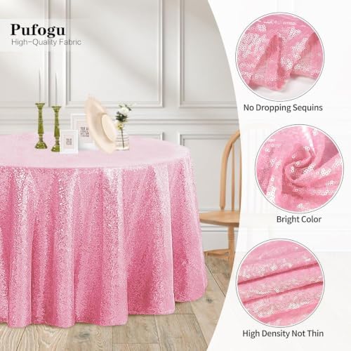 Pufogu 120" Round Pink Sequin Tablecloth Glitter White Table Cloths for Birthday Wedding Bridal Baby Shower Party Decorations - Image 3