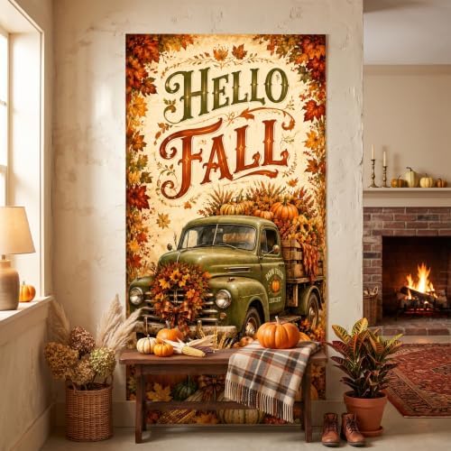 Hello Fall Door Banner 35 x 71 Inch Autumn Front Door Hanging Cover with Green Farm Truck Pumpkins Sunflower Maple Leaves Backdrop Design for Indoor Outdoor Farm Harvest Thanksgiving Party Supplies - Image 5