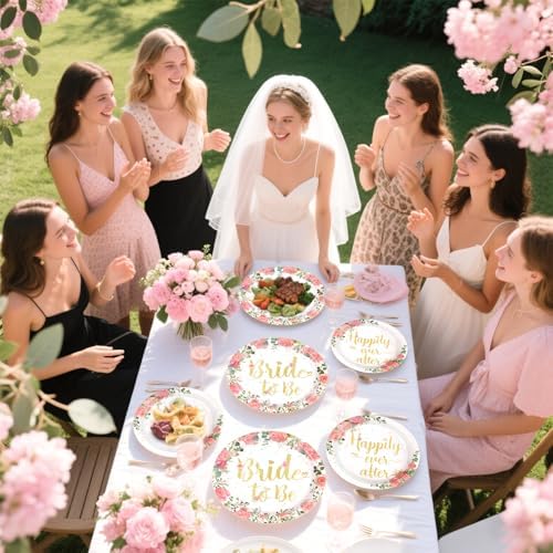 Grencian 96 Pcs Bachelorette Party Decorations Rose Gold Bride Shower Plates and Napkins Bride to Be Tableware Pink Flower and Gold Bachelorette Party Supplies for Engagement Wedding Party Favors - Image 2