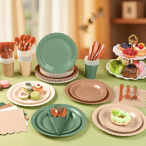 168Pcs Woodland Baby Shower Tableware Set, Green and Brown Plate and Napkin - Image 6