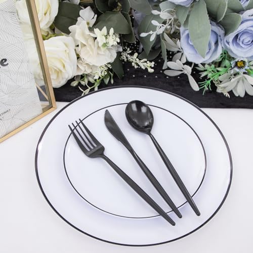 ejonirinjonir 180pcs Elegant White Plastic Plates for Wedding, Black Trim - Image 5
