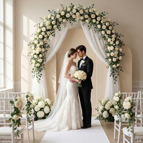 Set of 3 Wedding Arch Backdrop Stand,4+5+6 FT，Small Metal Arch Frame with 3 Beige Backdrop Covers,Easy Setup for Birthday Baby Shower Anniversary Dessert Table Decoration - Image 3