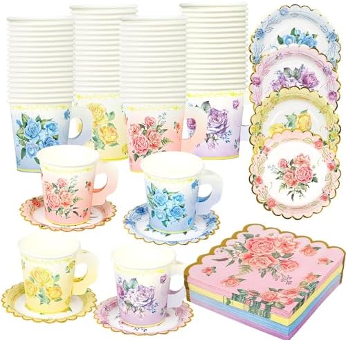 40 Set Floral Tea Cups and Saucers Disposable Tea Party Supplies Colorful Flower Teacups with Handle and Paper Napkins Dinnerware Set for Floral Theme Tea Party Birthday Wedding Bridal Shower Supply by Fairooth