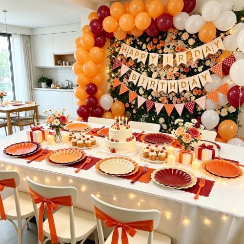 128Pcs Orange and Burgundy Plates and Napkins Party Supplies,Yellow Fall Color Disposable 7&9" Scalloped Paper Plates Napkins Forks Tableware for Fall Wedding,Birthday,Bridal Shower,Thanksgiving - Image 2
