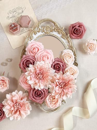 FACINOC Pink Roses Artificial Flowers Dusty Blush Fake Flower Bulk Box Set - Image 3