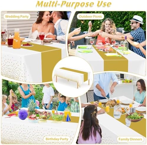 4Pack Disposable Plastic Table Cloths for Parties, 54" x 108" White and Gold Rectangle Table Covers, Waterproof Tablecloth for Rectangle Tables Suitable for New Years Eve Thanksgiving Wedding Supplies - Image 5