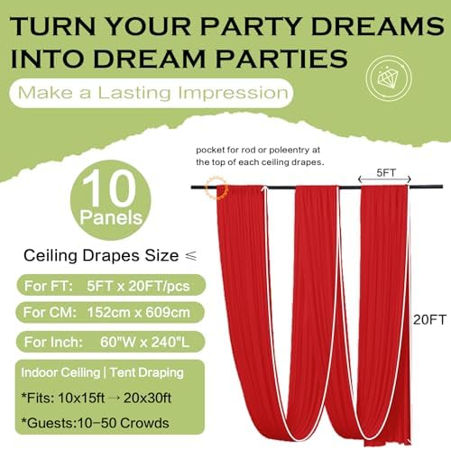 10 Panels 5ft(W) x 20ft(L) Red Ceiling Drapes for Christmas Parties - Image 3