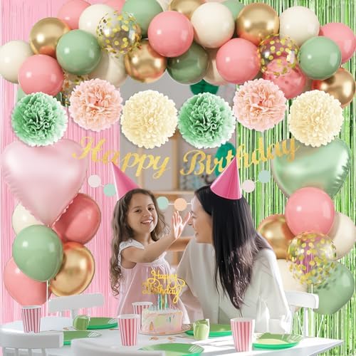 Jobkoo Sage Green Pink Birthday Decorations, Blush Pink Olive Green Gold Sand White Latex Confetti Balloons Boho Happy Birthday Banner Fringe Curtain Pompom for Women Girls Woodland Fairy Party Decor - Image 4