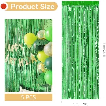 5 Pack Green Foil Curtain Backdrop 3.2ft x 9.8ft Metallic Tinsel Foil Fringe Curtains Streamer Photo Booth Backdrop for Birthday Party Engagement Bachelorette Party Decorations (Green) - Image 3