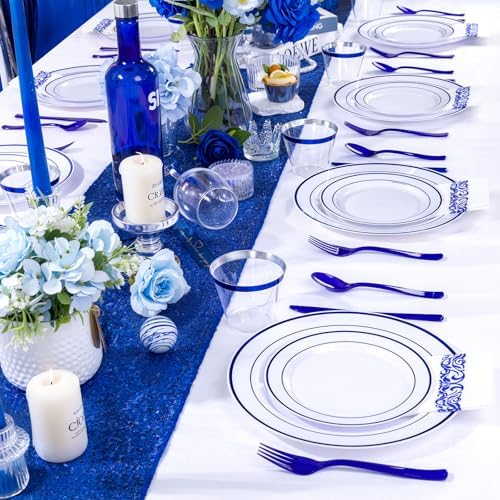 WELLIFE 700 Pcs Blue Plastic Plates for 100 Guests - Plastic Dinnerware Set,Party Supplies Includes 200 Blue Plates,300 Disposable Silverware,100 Napkins,100 Cups - Image 6