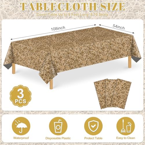 NatNarr 3 Pack Straw Plastic Tablecloths, Disposable Farm Hay Tablecloth - Image 2