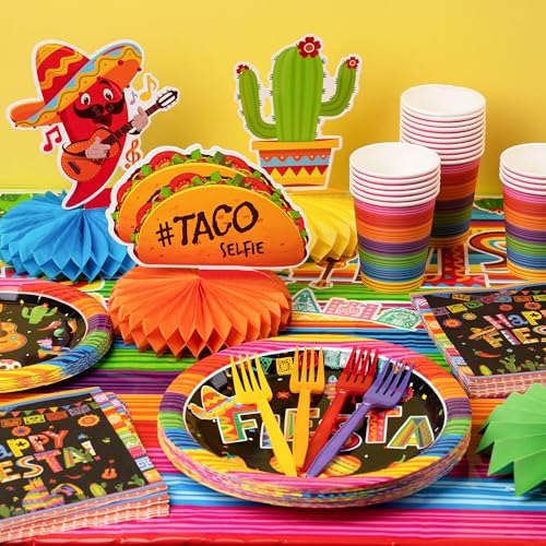 DMIGHT 101PCS Fiesta Party Supplies Set – Plates, Napkins, Fiesta Paper Fans, Banner, Tablecloth, Honeycomb Centerpieces – Perfect for Cinco de Mayo, Mexican Fiesta, and Fiesta Party Decorations - Image 4