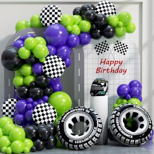Monster Truck Balloon Arch Garland Kit 156pcs, Green Purple Black Silver Big Wheels Race Car Balloons Arch Kit for Two Fast Theme Boy Birthday Anniversary Monster Truck Party Decorations by PTGOLUO