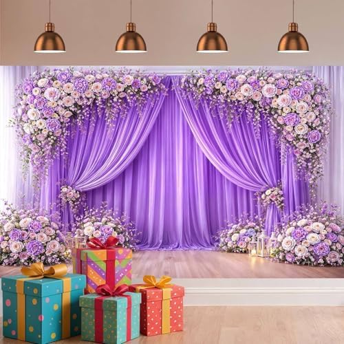 5X3ft Purple Flower Wedding Backdrop Lavender Floral Bridal Shower Girls Party Decorations Photography Background Wedding Anniversary Birthday Baby Shower Photo Booth Props Backdrop Wall Decor - Image 4