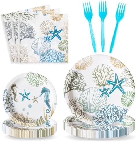 96Pcs Ocean Seashell Coastal Beach Starfish Coral Party Plates Supplies Tableware Decorations Disposable Paper Plates Napkins Forks for Birthday Summer Baby Shower, Serves 24 by G1ngtar