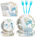 96Pcs Ocean Seashell Coastal Beach Starfish Coral Party Plates Supplies Tableware Decorations Disposable Paper Plates Napkins Forks for Birthday Summer Baby Shower, Serves 24 by G1ngtar