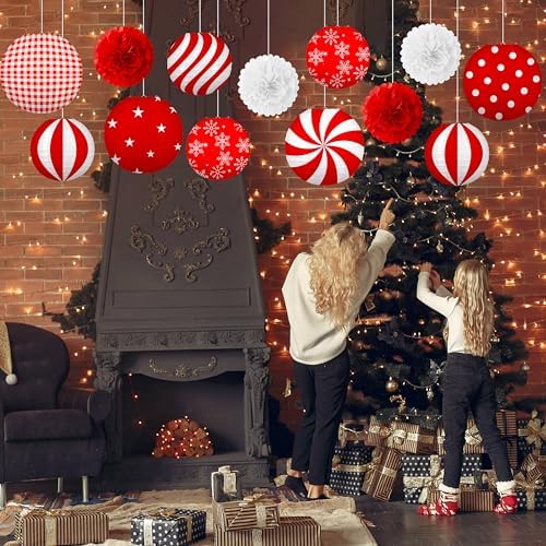 13PCS Christmas Decorations Ornaments Set – 9 Red White Hanging Paper Lanterns, 4 Pom Poms for Indoor, Home, Xmas Party, Porch Decor - Image 3