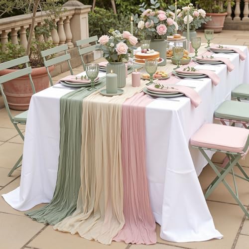 6pcs Sage Green & Pink Cheesecloth Table Runners 118" Boho Gauze - Image 4
