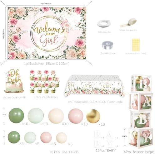 Baby in Bloom Baby Shower Decorations for Girl, Sage Green and Pink Party Supplies with 4pcs Balloon Boxes, "Welcome Baby Girl" Backdrop, Floral Tablecloth, 70pcs Balloon Garland Arch Kit - Image 2