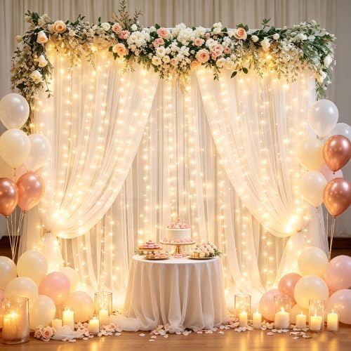 10x10ft White Backdrop Curtain with Lights for Parites, Sheer Tulle Curtain Photo Backdrop Drapes with Fairy Lights for Wedding Ceremony Reception Baby Shower Bridal Shower Birthday Decorations - Image 7