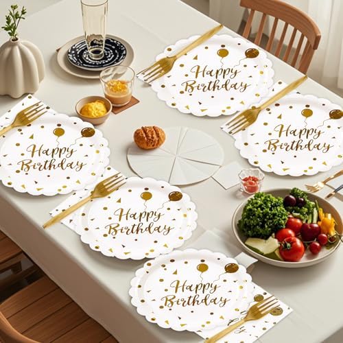 48PCS Happy Birthday White Gold Plates and Napkins Party Supplies - Image 4