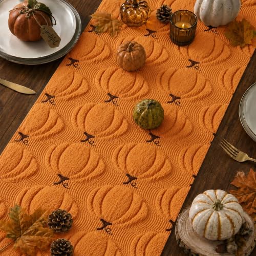 Fall Table Runner 13x72 Inch Soft Plush Faux Fur Jacquard Orange Pumpkin Table Runner, Seasonal Autumn Kitchen Dining Table Decoration for Home Party Decor ZR010C72 - Image 5